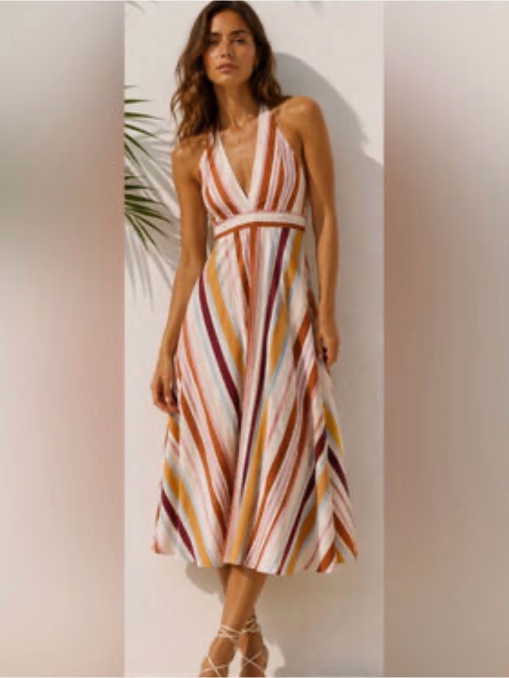 Zara Rust, Mustard & Burgundy Striped V-Neck Midi Dress